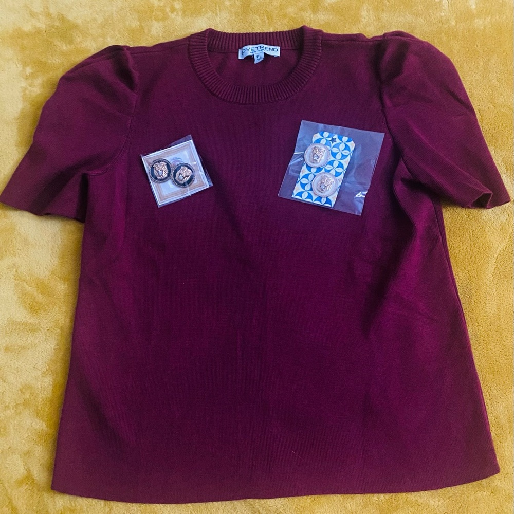 3 Piece Bundle - Burgundy Women’s Short Sleeve Knit Top & two sets of earrings